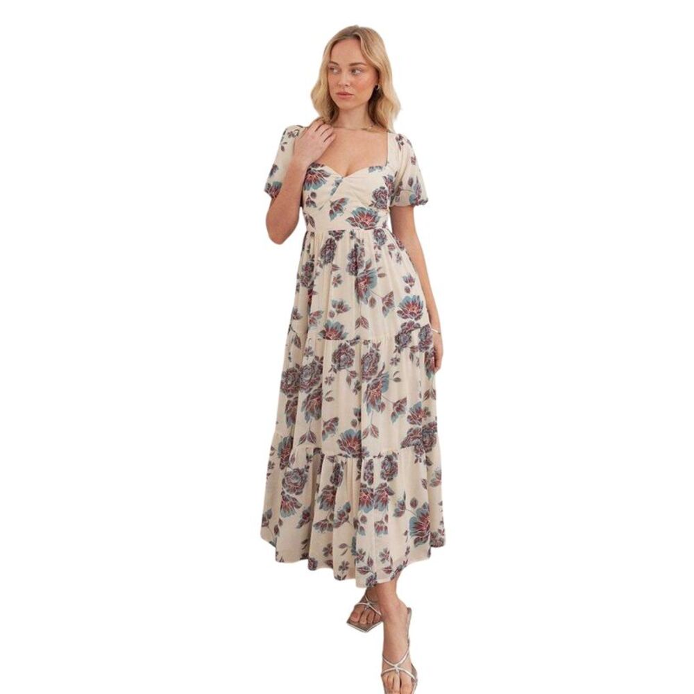 Anaya With Love Womens/Ladies Floral Puff Sleeve Maxi Dress / Cream/Blue